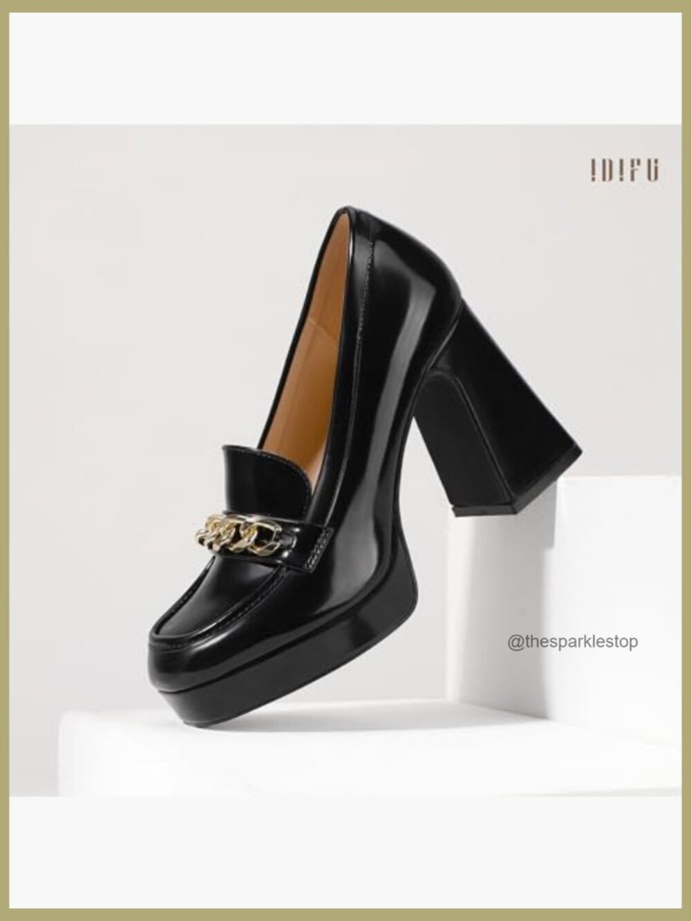 Platform Chunky Block Heeled Loafers with Metal Chain for Prom Graduation - Picture 5 of 6